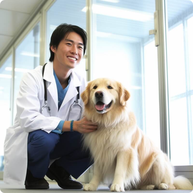 犬と医師が病院で一緒にいる写真