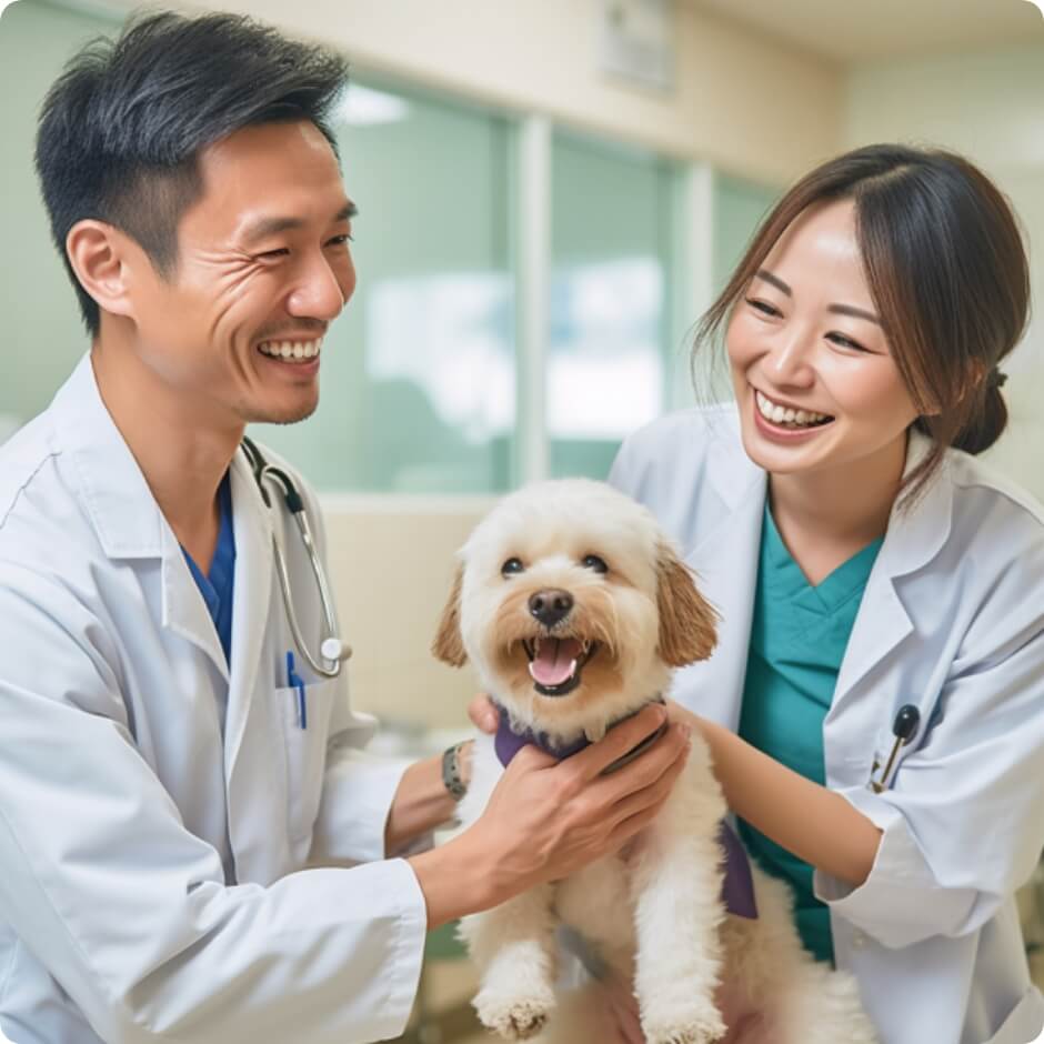 二人の医師が犬を診ている写真