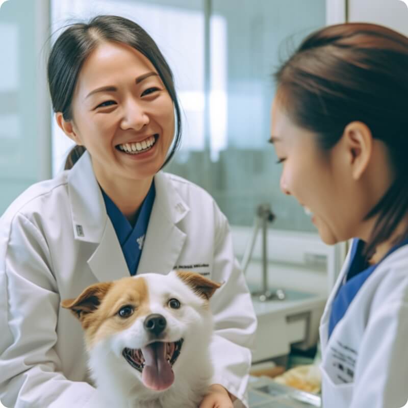 二人の医師が犬を診ている写真